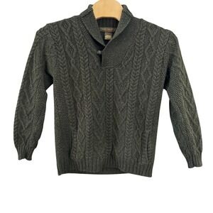Inis Crafts Ireland 100% Merino Wool Cable Knit Shawl Collar Sweater Green Men L